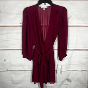Rya Collection Sheer Robe Womens XS S Burgundy Long Sleeve Tie Waist Chiffon